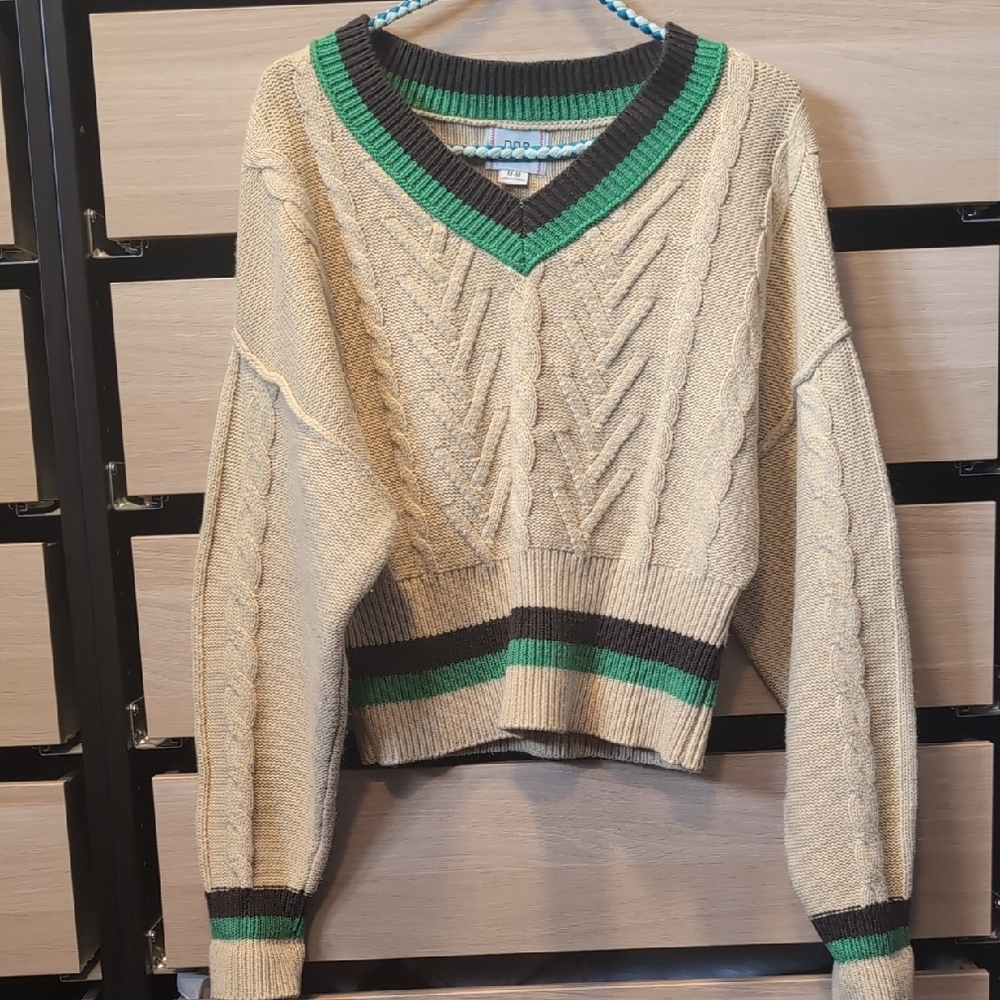 BDG Beige and Green V-Neck Sweater